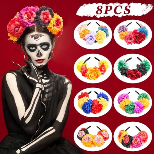 Zeyune Mexican Flower Headbands Set of 8 - Day of The Dead Crown Accessories, Classic Colors
