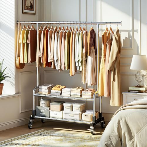 Heavy Duty Clothes Rack with 2 Shelves - Silver, Load 600LBS, Adjustable Height