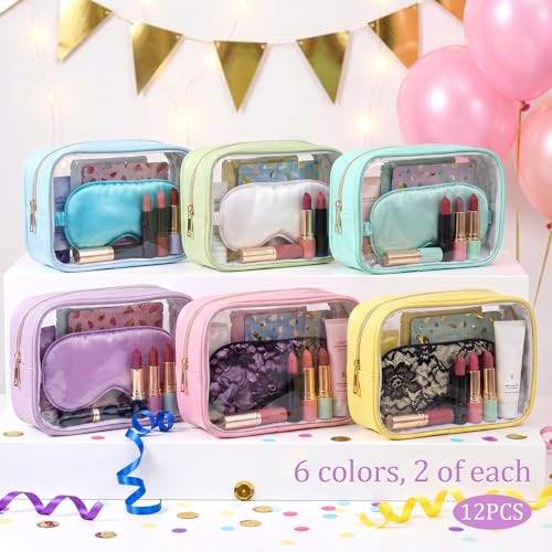 12 Pack Clear Makeup Toiletry Bags with Zippers - Macaron Colors, Waterproof & TSA Approved