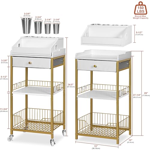 Makeup Organizer Cart with Detachable Hair Tool Holder - Gold, 15-Inch Wide