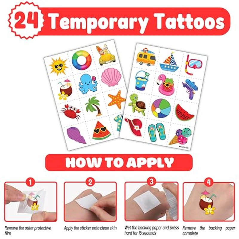 48PCS Beach Party Favors ? 24PCS Temporary Pre - cut Tattoos & 24PCS Slap Bracelets ? Summer & Ocean-Themed Birthday Supplies, Baby Shower Gifts, Classroom Rewards & Party Decor for Kids