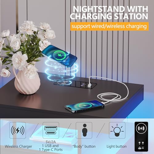 dnbss LED Nightstand with Charging Station & Dimmer, Black Variation