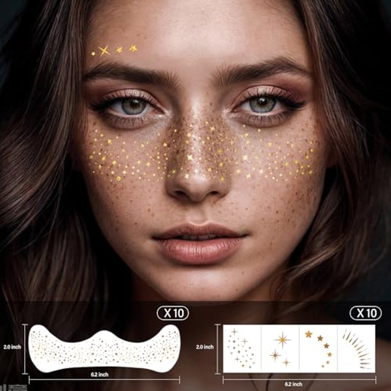 20 Pcs Gold Face Makeup Patches, Glitter Freckles Face Tattoo Gold Makeup, Glitter Freckles, Sparkle Makeup Patches, Waterproof Face Glitter Temporary Tattoos for Women and Girls