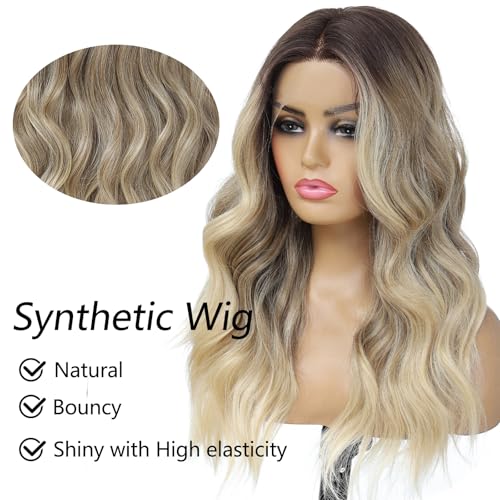 LuxeMelan Ombre Blonde 613 Wavy Lace Front Wig 20 Inch Middle Part Synthetic Heat Resistant Fiber - Natural Look