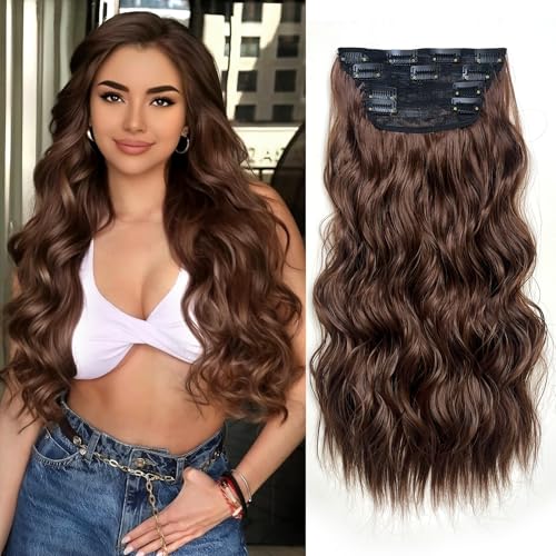 22 Inch Wavy Clip-In Hair Extensions Set - Synthetic, Heat-Resistant, 4PCS, Natural Look