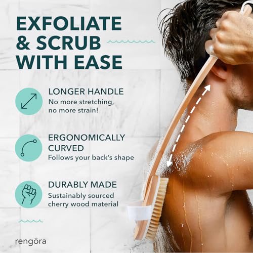 Rengöra Back Scrubber for Shower - 20 Inch Handle Natural Bristle Brush - Regular Bristles