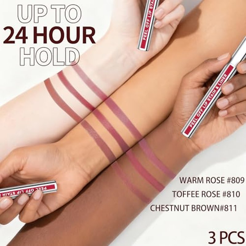 3Pcs Lip Stain Peel Off Set with Tweezer, Peel Off lip Liner Stain Long Lasting Waterproof, Matte Lip Tattoo Tint Transfer Proof, Highly Pigmented Color Lip Makeup(#809+810+811)