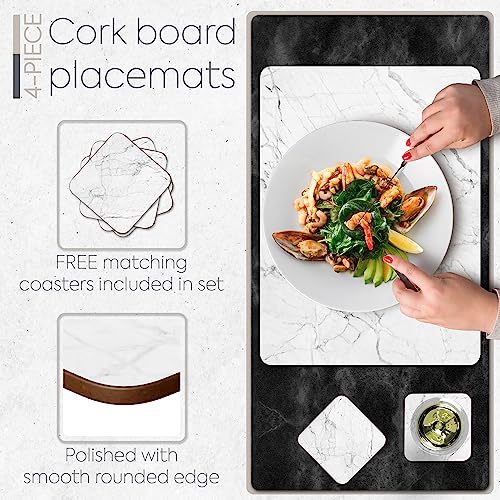Moderry White Marble Cork Placemats Set of 4 with Free Coasters - 16 x 12 inches