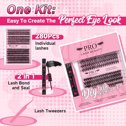 Lash Clusters Kit 280 Pcs Cluster Lashes 30D+40D Lash Extension Kit with Lash Bond and Seal Waterproof Lash Applicator Individual Lashes Apply at Home(30D+40D-9-16mix Kit)