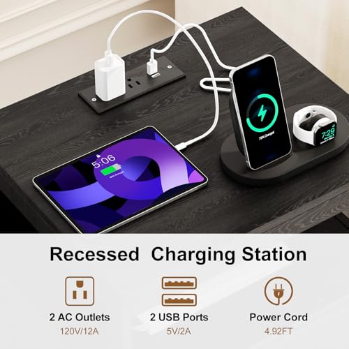 Black Bedroom Nightstand with Charging Station, 2 Drawers, Wheels