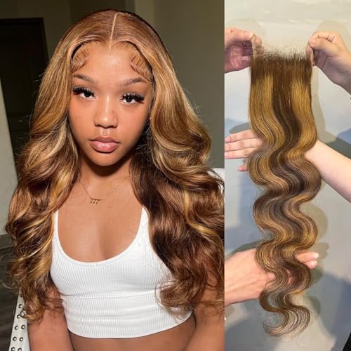 Highlight Body Wave Closure Honey Blonde Ombre 4x4 Human Hair 10 Inch - Pre Plucked with Baby Hair