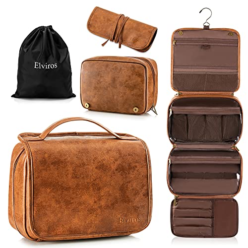 Men's PU Leather Hanging Toiletry Bag with Detachable Compartments - Brown