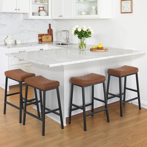 Counter Height Bar Stools Set of 3 Brown Saddle Seat Modern Dining Chairs