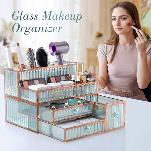 YD Youdepot Green Tempered Glass Makeup & Vanity Organizer for Cosmetics & Skincare