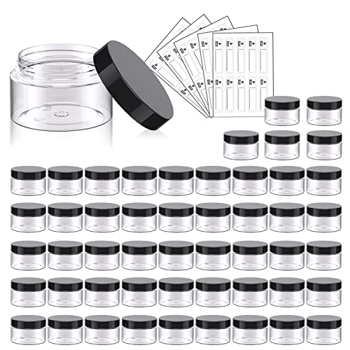 1 oz Plastic Jars with Black Lids - 50-Pack Clear Cosmetic Containers with Labels & Spatulas - Variation: Black Lid