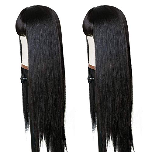 Long Straight Remy Hair Wig 26 Inches Natural Black Heat Resistant Full Machine Wig with Bangs
