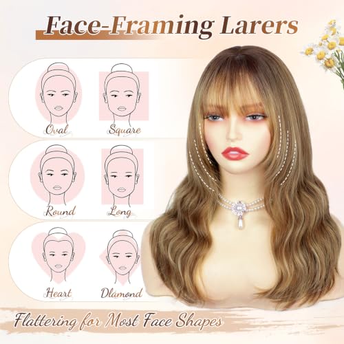 Light Brown Synthetic Wig with Bangs & Blonde Highlights - Realistic 4x4 Scalp, Layered Style for Women