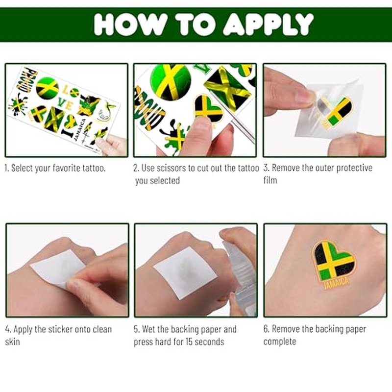 100 PCS Jamaica Flag Temporary Tattoos Themed Birthday Party Decorations Supplies Favors Decor Yellow Green Jamaican Palm Tree Tattoo Stickers Gifts For Game Kids Boys Girls Classroom School Prizes
