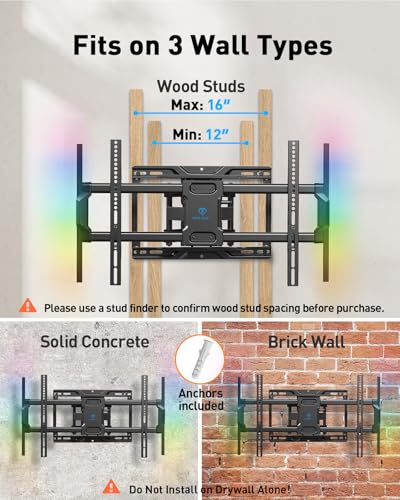 PERLESMITH Full Motion TV Wall Mount 16-Inch Wood Stud Compatible for 37-86 Inch TVs with LED Light