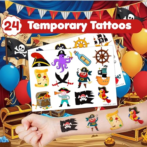 48PCS Pirate Party Set - 24PCS Temporary Tattoos & 24PCS Slap Bracelets - Treasure Hunt-Themed Birthday Supplies, Baby Shower Gifts, Classroom Rewards & Party Decor for Kids (Boys & Girls)