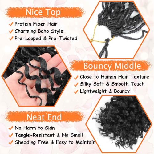 RENJOING 14 Inch Black Protein Fiber Boho Gogo Curl Crochet Hair 9 Packs