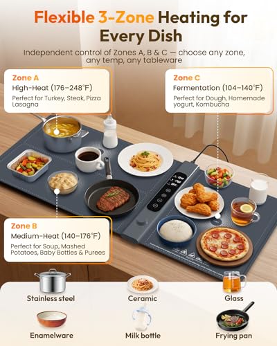 Large Food Warming Mat with 3-Zone Control, 40x17 Inches - Energy Saving
