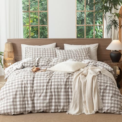 MooMee Buffalo Plaid Tannish Linen Grey King Duvet Cover Set, 3 Pieces