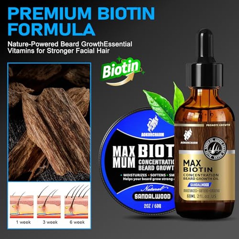 2 Pack Biotin Beard Growth Kit for Men ? Sandalwood Beard Oil & Balm ? Beard Care Set for Growth, Softening & Styling ? Gift for Father¡¯s Day & Christmas