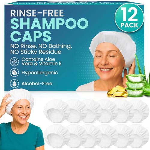 No-Rinse Shampoo & Conditioner Shower Cap, Waterless Hair Washing for Elderly, Bedridden, Hassle-Free Microwavable Hair Washing Cap infused with Aloe & Vitamin E ? 12-Pack