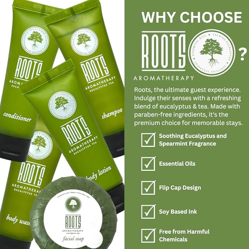 Roots Aromatherapy 150 Pack Hotel Toiletries Bulk Set for Airbnb & Hospitality, Travel Size Shampoo Conditioner Body Wash Lotion & Bar Soap, 0.01 Fl Oz