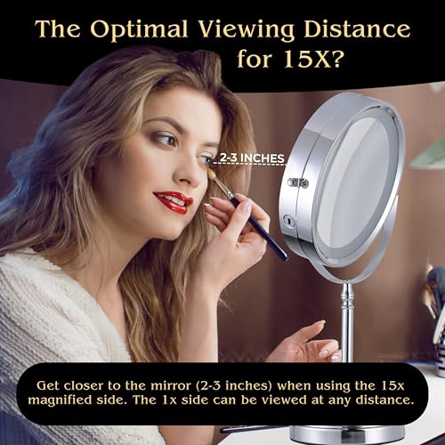 Super Zoom 15X Magnifying Makeup Mirror with Lights - 15X & 1X Make Up Vanity Mirror with 3 Lighting Modes, Rechargeable Battery with USB Cable - 8" Wide & 15" Tall (Chrome)