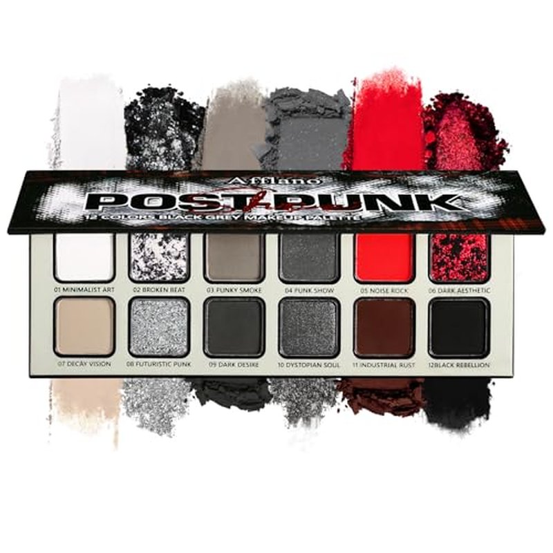Black Grey Red Eyeshadow Palette Goth Makeup, Cold Silver Smokey Eye Shadow Compact Metallic & Matte Finishes Pigmented Burgundy Brown Cream Eyeshadow for Smokey Punk Bold Dark Vampire Gothic Clown