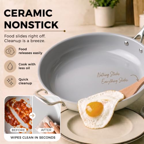 14-Inch Ceramic Nonstick Deep Frying Pan with Lid - 6 Qt Family Size - Cream & Grey