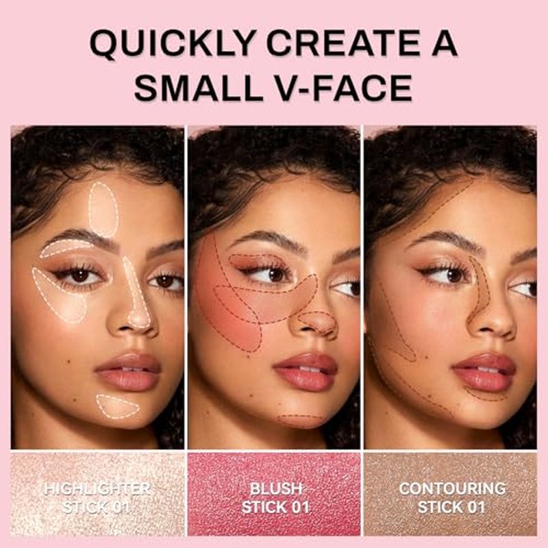 Face Contour Stick Set, Highlighter Stick & Bronzer Stick & Cream Blush Stick for Cheek Lip Tint, Long Lasting Blendable Lightweight Smooth Sculpted Face Stick Natural Dewy Makeup for All Skin