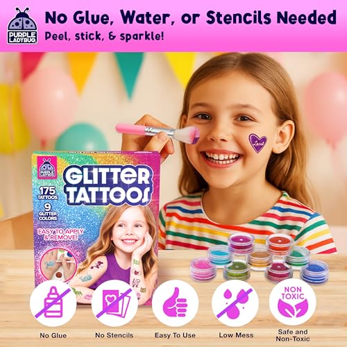 PURPLE LADYBUG 175-Piece Temporary Glitter Tattoos Kit for Kids & Teens - Easter Valentines Gifts for 6 7 8 9 10-12 Year Old Girl Birthday, Craft for Girls 8-12, Ideal Easter Basket Essential