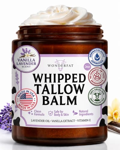 Lavender Vanilla Whipped Tallow Balm – Grass Fed Beef Face & Body Moisturizer, 3oz