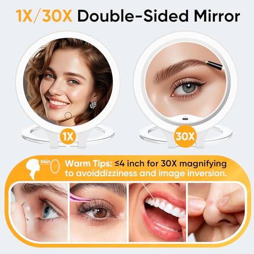FASCINATE 6.5'' White Travel Magnifying Mirror with Light, 30X Dual-Sided & Rechargeable