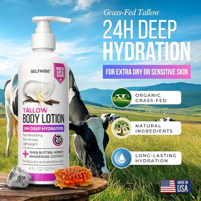 Beef Tallow Body Lotion with Magnesium & Shea Butter - Lightweight, Fast-Absorbing Body Cream with Avocado Oil & Vitamin E - Non-Greasy Moisturizer for Dry, Sensitive Skin - Daily Hydration, 4oz