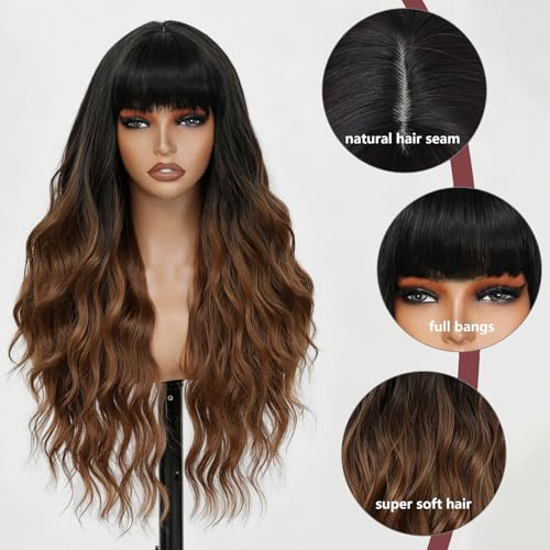 FEIVOSILAN Ombre Brown Wavy Wig with Bangs - Long 26 Inch Synthetic Hair for Women