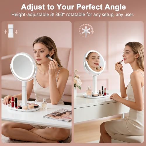 Lighted Makeup Mirror with 10X Magnification, Rechargeable LED Magnifying Vanity Mirror with 3 Lights, Adjustable Height, Storage Base and Phone Holder, Gifts for Women, White, 8 inch
