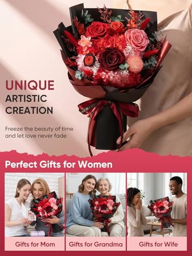 Red Preserved Flower Bouquet Large - Forever Fresh Rose Gift for Women & Special Occasions