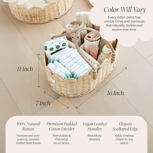 Natural Baby Diaper Caddy Organizer with Scalloped Rattan & Removable Divider - Stylish & Multi-Purpose