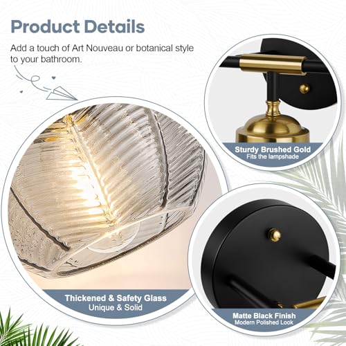 Bathroom Vanity Light Fixture 3-Light Smoke Gray Glass Leaf Texture Modern Black & Gold