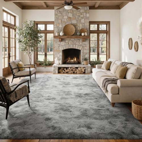 Grey Tiedye 8x10 ft Fluffy Shag Rug - Non-Slip Area Carpet for Living Room & Bedroom