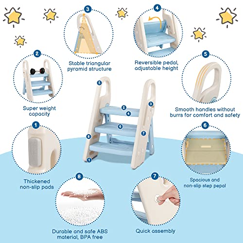 Blue Foldable Toddler Step Stool with Handles - Adjustable 3-Step Bathroom & Kitchen Ladder