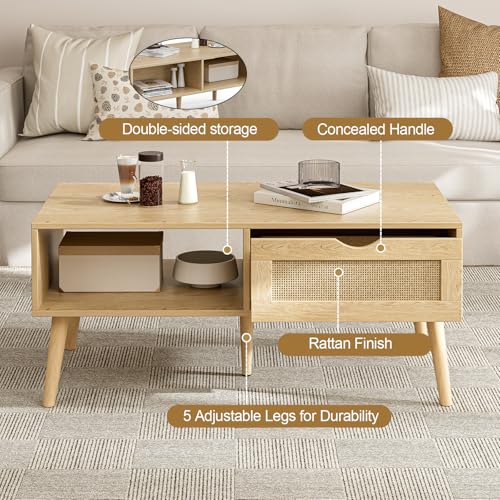 Oak Rattan Coffee Table with Drawer - Boho Natural Finish, Rustic Style