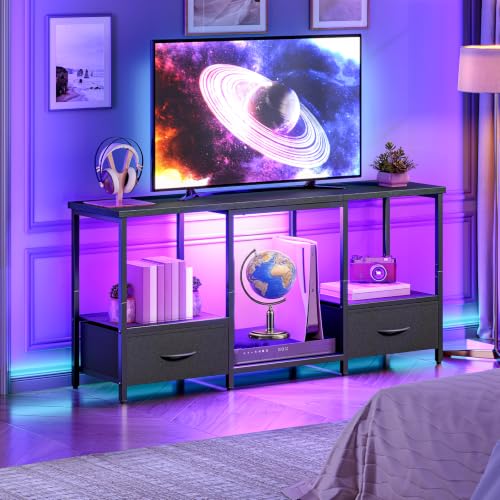 Black LED TV Stand with Storage for 55-Inch TVs, Open Shelves & Drawer
