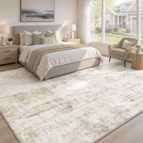 8x10 Beige Washable Area Rug - Abstract Modern Non-Slip Indoor Carpet for Living Room & Bedroom - Variation: Beige / 8' x 10'