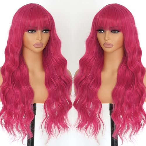 Pink Long Loose Wavy Wig with Bangs - 24 Inch Synthetic Heat-Resistant Hairpiece - Variation: Pink 1