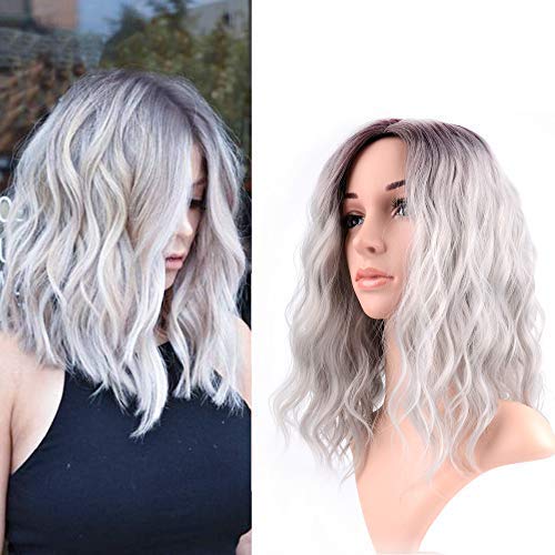 FAELBATY 14-Inch Short Curly Bob Wig Ombre Purple Grey for Women & Cosplay